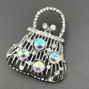 Silver with White Diamond and AB Crystal Lady Handbag Purse Pin Back Brooch
